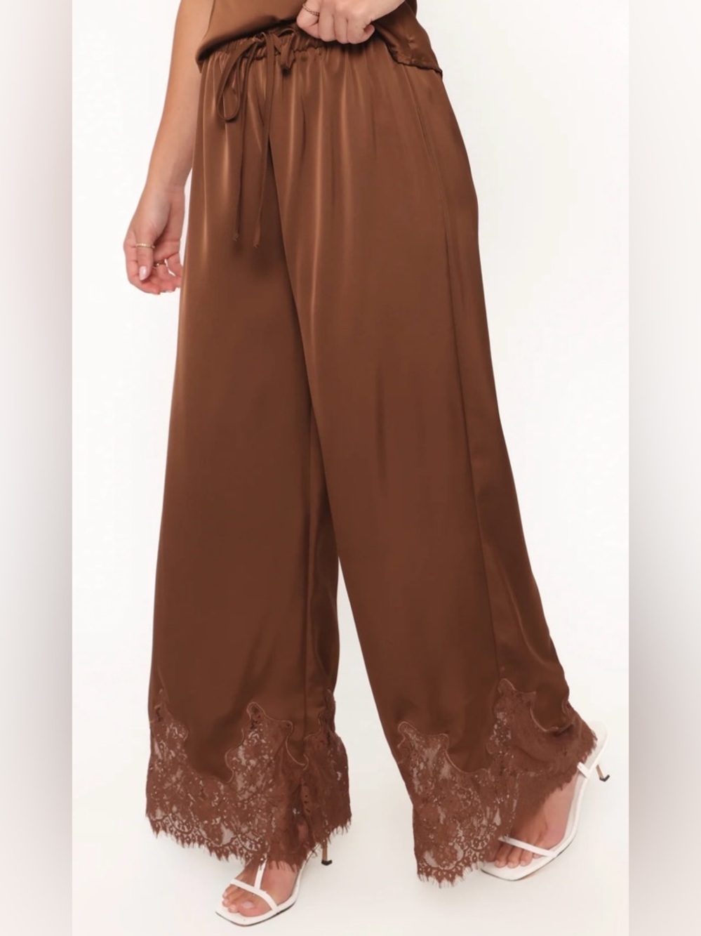 NWT Petal & Pup Chocolate Viola Satin Wide Leg Pants Lace Hem Size Medium Boho